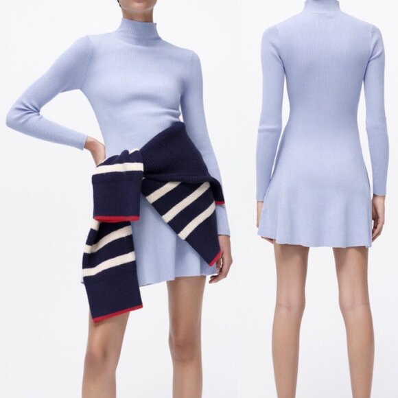 NWT ZARA LIGHT BLUE MOCK NECK KNIT DRESS - Picture 1 of 4